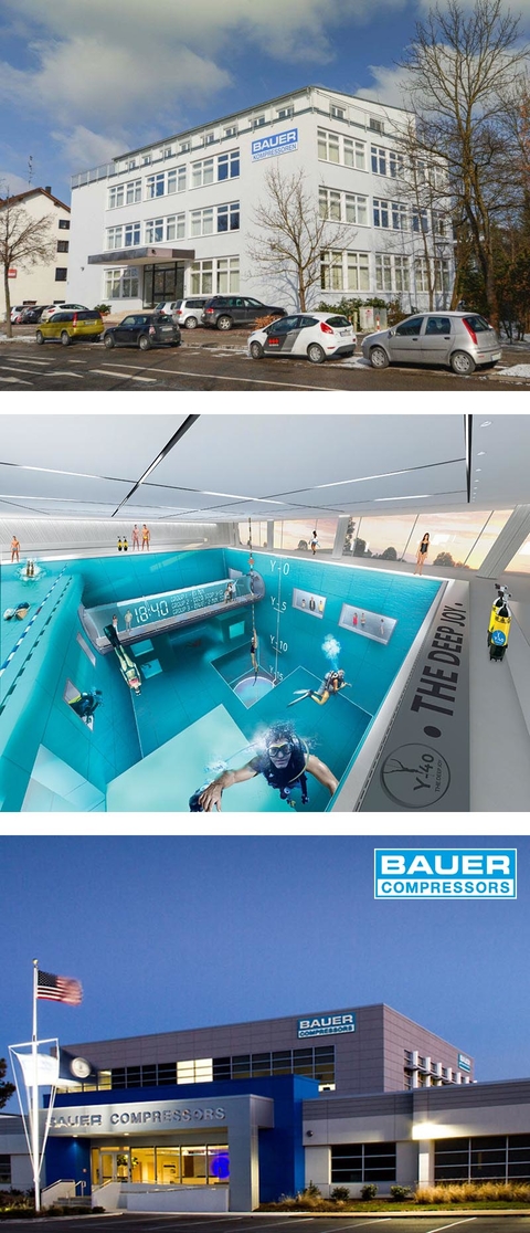 2014 - Headquarter BAUER KOMPRESSOREN GmbH Germany, Y40 deepest indoor diving pool and BAUER COMPRESSORS Inc. expanded